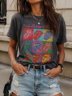 The Rolling Stones Pop Art Tongue Logo Tee Gray Graphic Band Shirt Cotton Blend